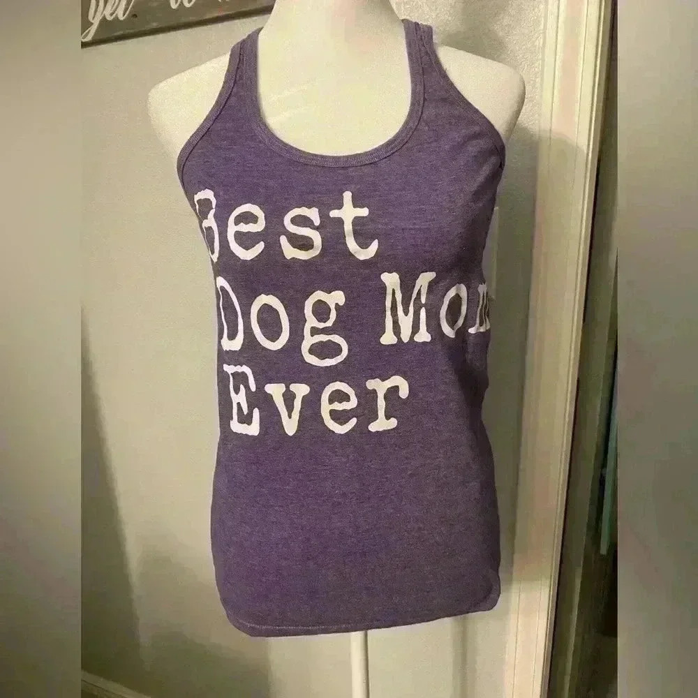 Women’s Razorback Tank top “Best Dog Mom Ever” in purple with white graphics